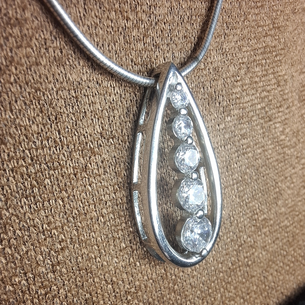 💎 Sterling Silver Teardrop Journey Necklace w CZ Diamonds on Round Snake Chain - Picture 9 of 16